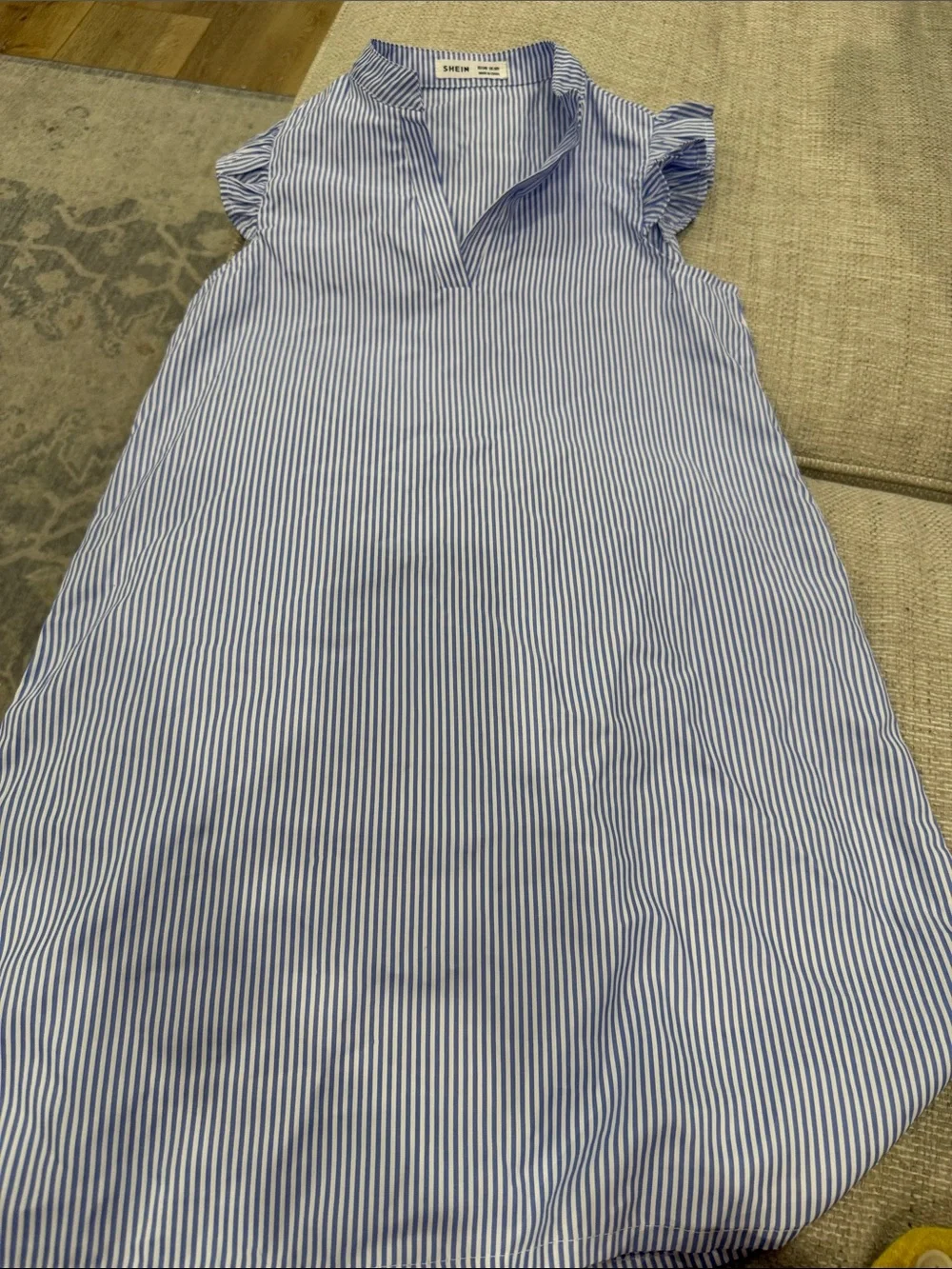 Shein Blue Striped Ruffle Sleeve Shirt Dress